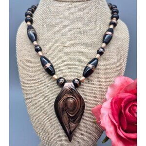 Artisan Art Glass Black & Gold Foil Beaded Statement Teardrop Pendant Necklace